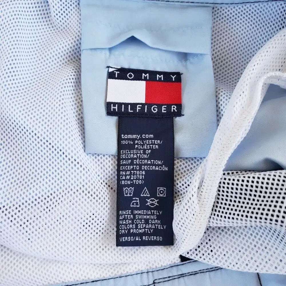 Vintage big‎ block logo Tommy Hilfiger mesh lined swim shorts men's size large